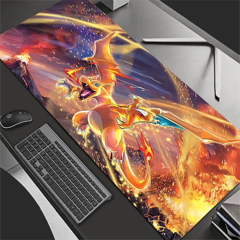Gaming Office Accessories - แผ่นรองเมาส์อะนิเมะอุปกรณ์เสริมสำหรับเล่นเกมขนาดใหญ่พรมเกมเมอร์พีซีคอมพิวเตอร์สำนักงานแล็ปท็อปคีย์บอร์ดแผ่นรองโต๊ะพี-โปเกมอน ชาริซาร์ด แผ่นรองเมาส์