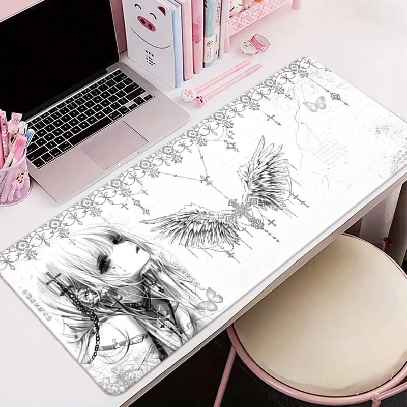 Gaming Office Accessories - แผ่นรองเมาส์หนังสีดำสีขาวอะนิเมะความงามของสาวนางฟ้าแผ่นรองเมาส์อุปกรณ์สำนักงานคีย์บอร์ดเกมพีซีอีสปอร์ต HD แผ่นรองโต๊ะ