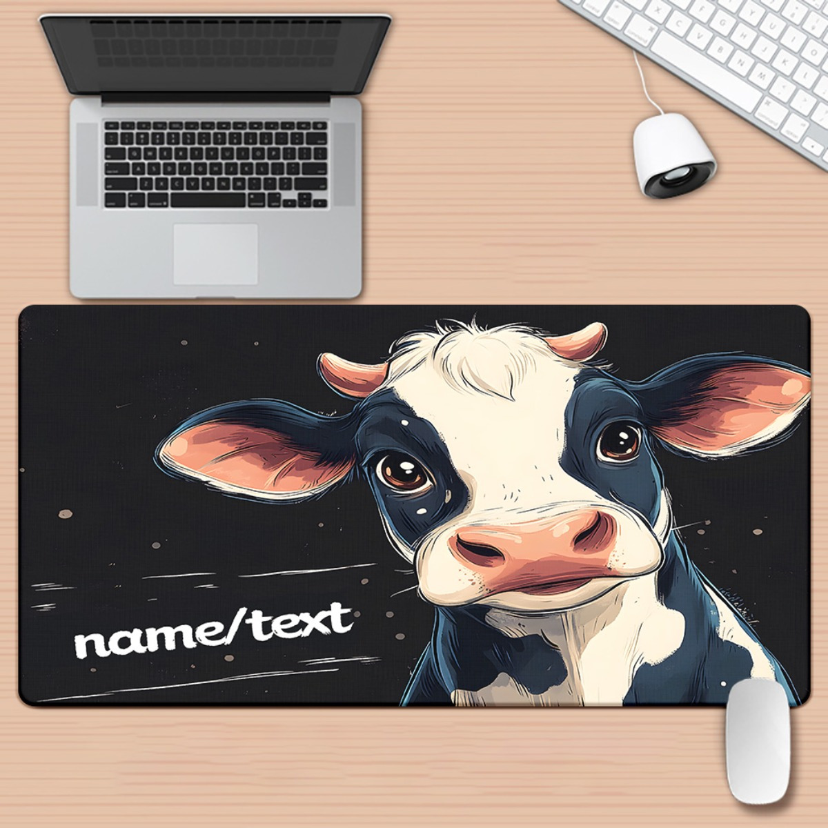 Gaming Accessories Name - แผ่นรองเมาส์ลายการ์ตูนวัวน่ารัก XXL แผ่นรองโต๊ะแบบกำหนดชื่อได้ ยางกันลื่น อุปกรณ์เสริมสำหรับเล่นเกมและสำนักงาน